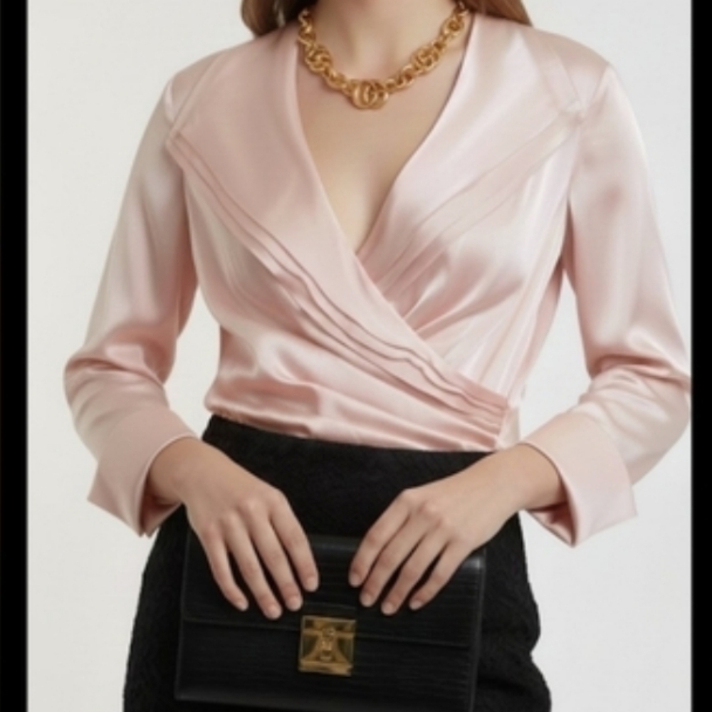 RONNI NICOLE Blush Pink Rutched, Wrap Front Formal Blouse Size Large NWT